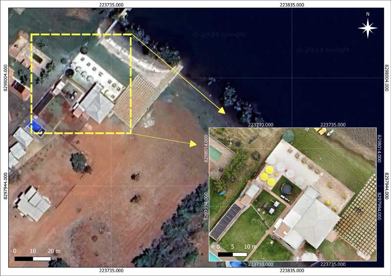 Mapeamento com drone em campo, mostrando um drone sobrevoando uma área para levantamento